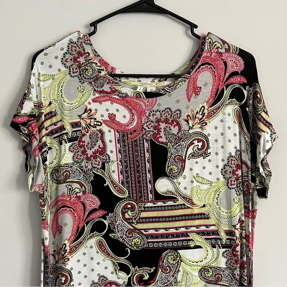 Cato Black, Lime Green, Hot Pink Paisley Print Lace Hem Short Sleeve Shirt